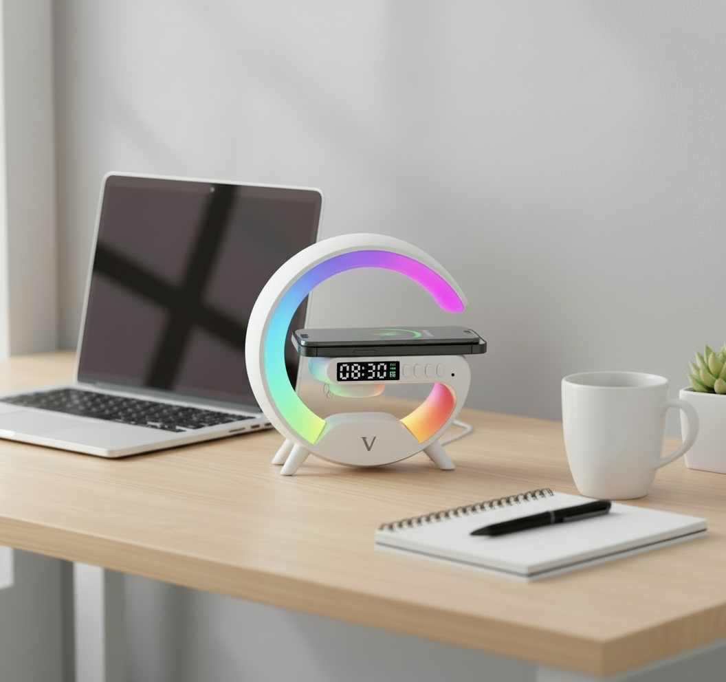 Veilleuse multifonction (Chargeur sans fil, enceinte et réveil Bluetooth)